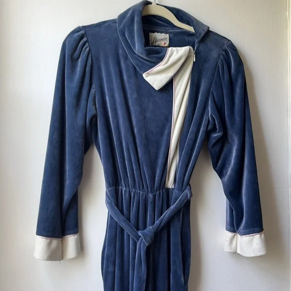 Vintage 70s 80s Velour Asymmetric Collar Belted Elastic Waist Jumpsuit - Picture 3 of 11